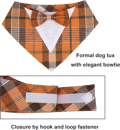 ADOGGYGO Fall Dog Tuxedo Bandana, Orange Plaid Pet Tux Collar with Bowtie, Adjustable Halloween Thanksgiving Formal Costume for Medium Large Dogs Pets (L)