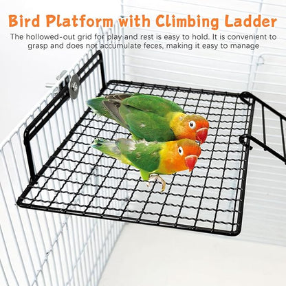 BNOSDM Large Stainless Steel Grid Platform for Parakeet 4 PCS Bird Perches Platform Parrot Stand with Climbing Ladder Bird Cage Accessories for Small to Large Bird (Screw Style-L)