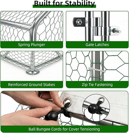 Large Metal Chicken Coop, Walk-in Chicken Run with Reinforced Wire Mesh, Water-Resistant & Anti-UV Cover, Poultry Cage for Hens, Ducks and Rabbits, Outdoor Backyard Farm Pen（9.2’Lx12.47’Wx6.4’H）