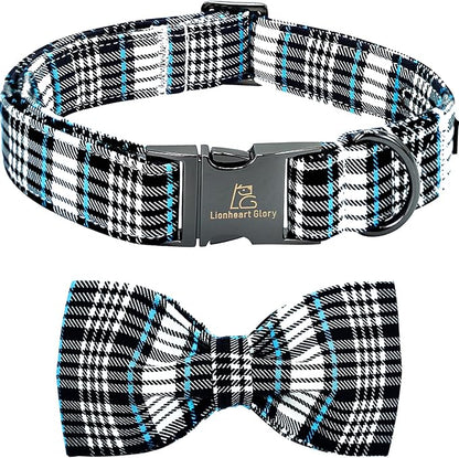 Lionheart glory Dog Bow Collar Blue and Black Plaid Dog Collar for Large Dogs,Boy Dog Collars with Bowtie Spring Summer Collars Soft Adjustable Pet Collar Bows
