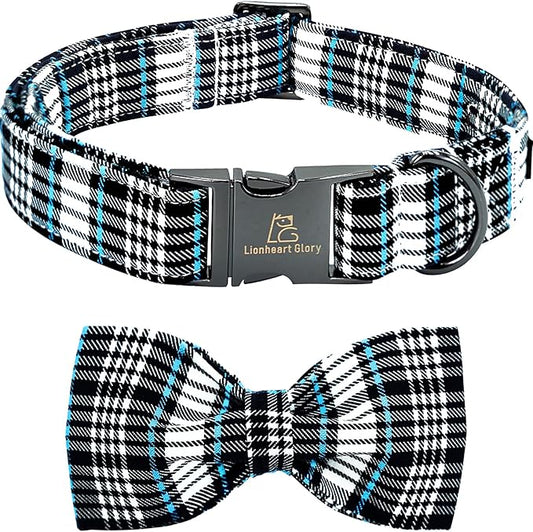 Lionheart glory Dog Bow Collar Blue and Black Plaid Dog Collar for Medium Dogs,Boy Dog Collars with Bowtie Spring Summer Collars Soft Adjustable Pet Collar Bows