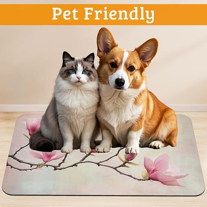 Pink Magnolia Feeding Mat,Vintage Flowers Absorbent Quick-Dry Cat Dog Food and Water Bowl Mats,Non-Slip Rubber Backing Mat,Cat Dog Accessories Supplies 12" x 20"