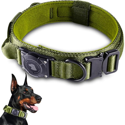 2025 Upgrade Waterproof AirTag Dog Collar, Military Tactical Dog Collar with AirTag Holder, Comfortable Control Handle and Metal Buckle, GPS Dog Collar Holder for Medium to Large Dogs (ArmyGreen, XL)