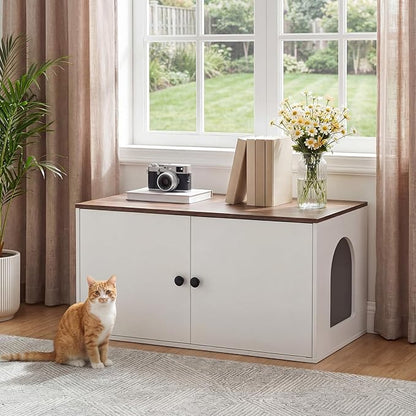 HOOBRO Cat Litter Box Enclosure, Hidden Litter Box Furniture with Side Entry, Litter Box Cabinet, Indoor Cat House, End Side Table, 31.5" L x 17.7" W x 16.3H, for Bathroom, White and Walnut WH40MW01