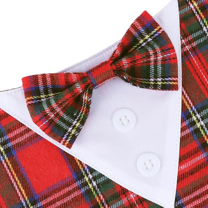 ADOGGYGO Christmas Dog Tuxedo Bandana, Red Plaid Pet Chritstmas Collar with Bowtie, Adjustable Christmas Costume for Small Dogs Pets (S)