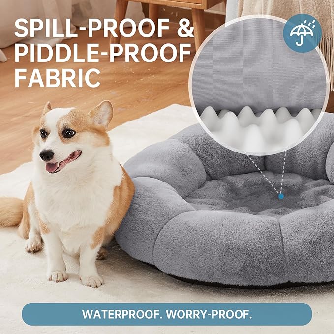 OhGeni 31 inches Calming Donut Orthopedic Dog & Cat Bed for Medium Pets, Warming Comfort Fluffy Short Pile Fur, Durable Waterproof Machine Washable Removable Cover, Round Bed for Puppy, Light Gray