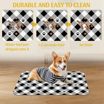 Cat Checked Plaid Dog Cat Food Mat, Absorbent Feeding Mat with Fast-Dry Surface, Rubber Backing for Messy Drinkers – 16x24 Inch