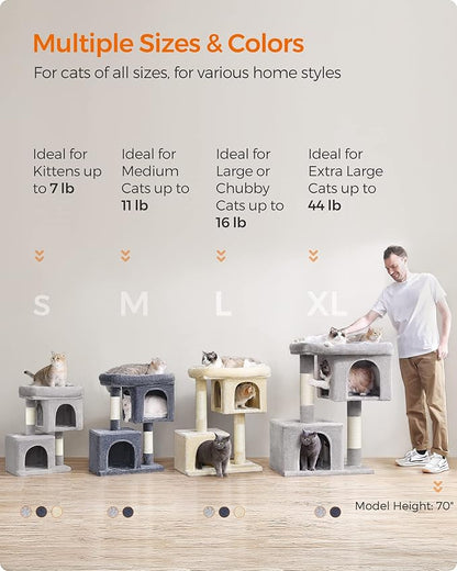 Feandrea Cat Tree, 33.1-Inch Cat Tower, Plush Condo for Large Cats up to 16 lb, Large Perch, 2 Caves, Scratching Post, Smoky Gray UPCT61G