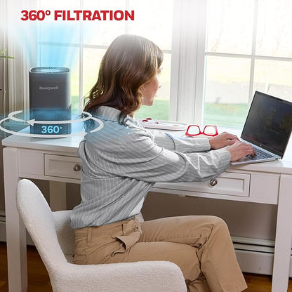 Honeywell Allergen Plus Compact HEPA Small Room Air Purifiers for Home, Up to 530 Ft² Coverage, 3-in-1 Filter, Pet Dander, Smoke & Odor Reducer Air Quality Sensor with Auto Mode, Grey, HPA125V