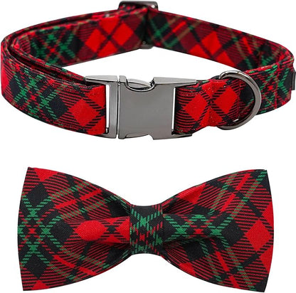 Dog Collar, Christmas Dog Collar Plaid Pet Collar Bow Holiday Bows Girl Boy Puppy Collar Adjustable Pet Collar for X-Large Dogs