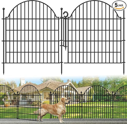 Decorative Metal Garden Fence with Gate Lock 5 Panels, 32in (H) x 11.8ft (L) No Dig Dog Fence Outdoor for Yard, Temporary Rustproof Metal Wire Rabbit Dog Garden Border Fencing for Patio