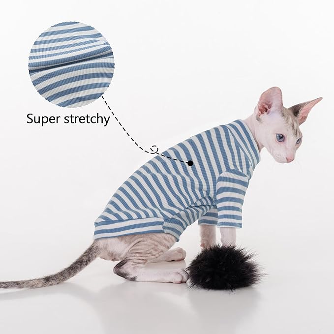 PUMYPOREITY Sphynx Cat Clothes - Soft Hairless Shirt With Sleeves, Stretchy Sweater, Pullover Pajamas Jumpsuit, Turtleneck Outfit for Sphynx Cornish Rex, Devon Rex - Blue, S