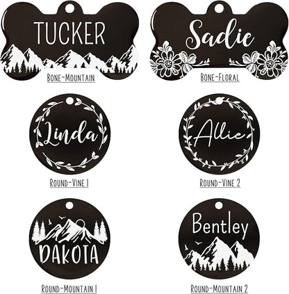 UltraJoys Stainless Steel Pet ID Tag Dog Name Tags Personalized Front and Back Engraving, Customized Dog Tags and Cat Tags, Optional Engraved on Both Sides, Round Tag with Vine Design, Small Black