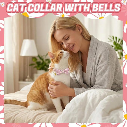 6 Pack Breakaway Cat Collars with Bow Tie and Bell Floral Kitten Cat Collars Adjustable Cat Bowtie Collar with Pendants for Girl Boy Kitten Cats