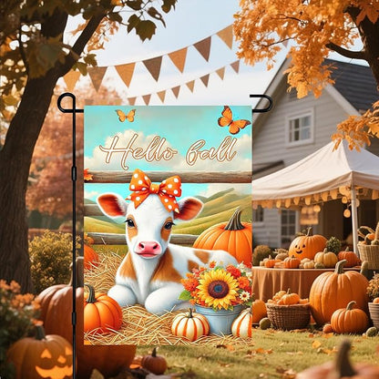 Hello Fall Garden Flag Cute Calf Cow Flag 12x18 Inch Polka Dot Bow Hay Pumpkins Sunflowers Double Sided Outdoor Banner For Front Yard Porch Lawn Patio Seasonal Home Decor Rustic Autumn