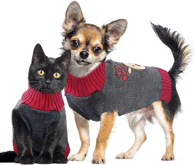 Dog Christmas Sweater Xmas Pet Clothes Cute Gray Reindeer Holiday Puppy Cat Costume New Year Gifts for Small Medium Large Dogs Jumpers (XS, Gray Reindeer)