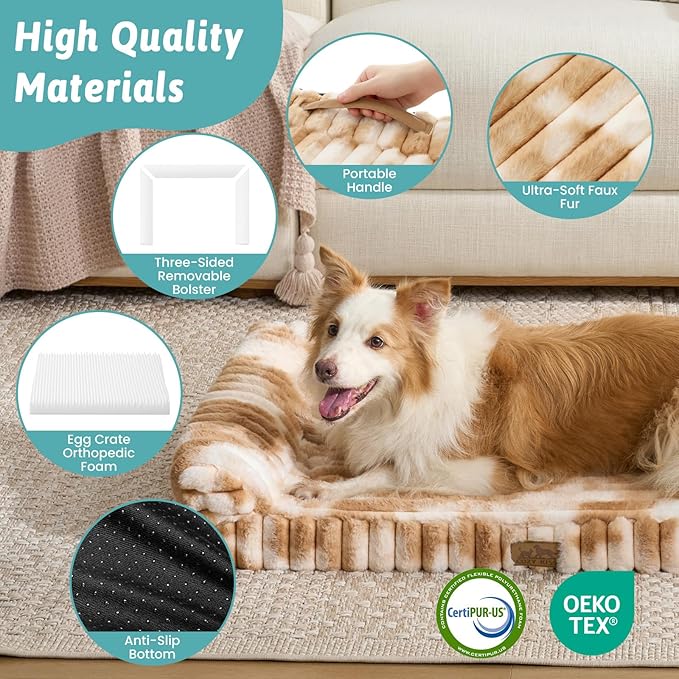 Cute Dog Bed for Extra Large Dogs, Faux Rabbit Fur Orthopedic Dog Bed with Sides, Removable Washable Cover & Waterproof Lining, Comfortable Pet Couch, Tie-Dye Brown (48" L x 35" W x 7.5" Th)
