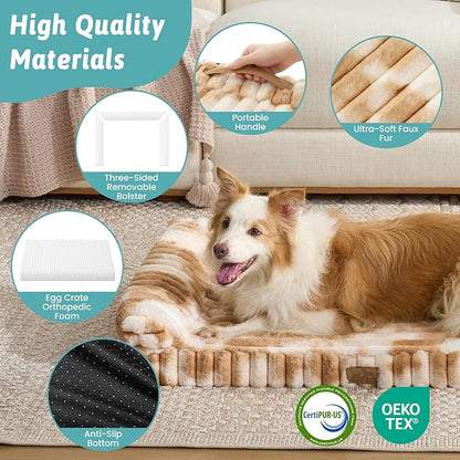 Cute Dog Bed for Large Dogs, Faux Rabbit Fur Orthopedic Foam Dog Bed with Sides, Removable Washable Cover & Waterproof Lining, Comfortable Pet Couch, Tie-Dye Brown (44" L x 32" W x 7" Th)