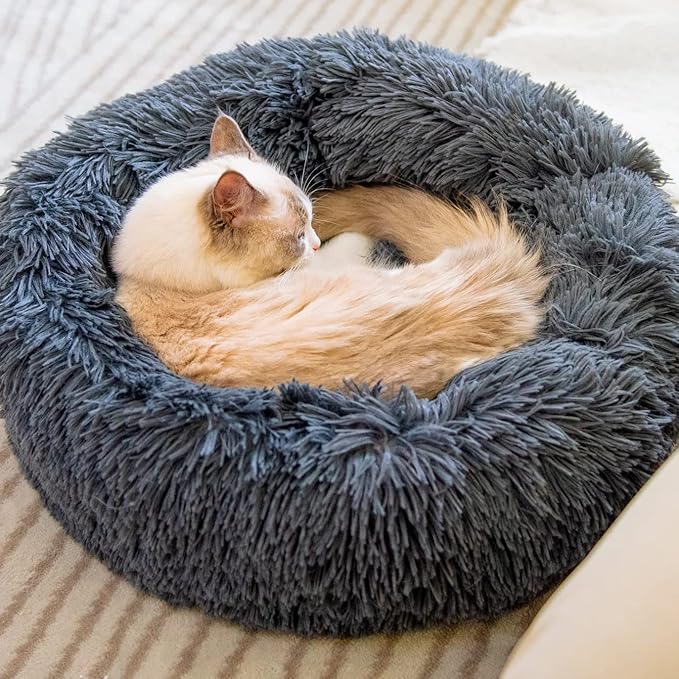Cat Beds for Indoor Cats - Cat Bed Washable 20 inches, Dog Beds for Small Medium Dogs, Anti Anxiety Round Fluffy Plush Faux Fur Pet Bed, Thick Bottom (Dark Grey, Medium)