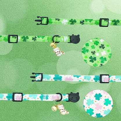 St Patrick's Day Cat Collar-2 Pack Cat Collars Trefoil Cat Collar Breakaway with Kitten and Bell Pendant Safety Buckle Cute Cotton Collar for Boy Girl Cats Gift for Cats and Small Pets