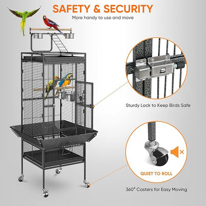 SUPER DEAL PRO 61-inch 2in1 Large Bird Cage with Rolling Stand Playtop Parrot Chinchilla Finch Cage Macaw Conure Cockatiel Cockatoo Pet House Wrought Iron Birdcage, Black