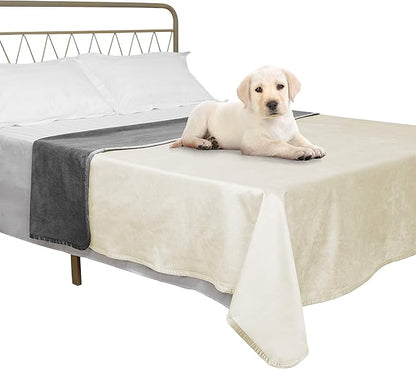 Ameritex Pet Bed Blanket Reversible 100% Waterproof Velvet Super Soft for Sofa and Bed (82x102 Inches, Cream+Grey)