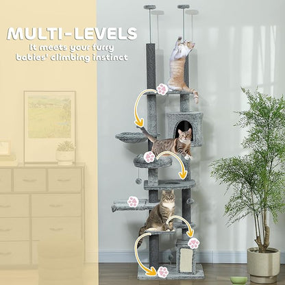 PawHut Floor to Ceiling Cat Tree, 89"-100" Adjustable Height Cat Climbing Tower Activity Center for Indoor Cats with Cat Perch, Condo, Hammocks, Scratching Posts & Ramp, Gray