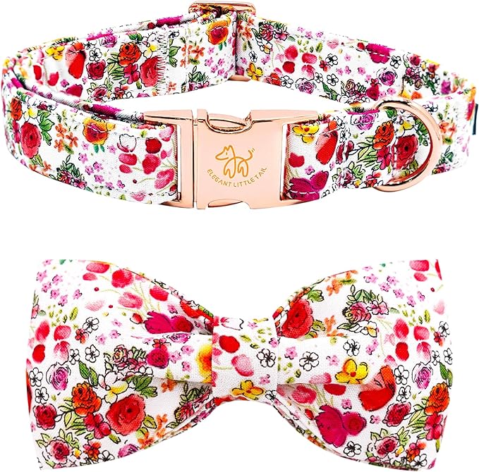 Elegant little tail Dog Collar, Pink Rose Print Pet Collar Summer Dog Collar Durable Metal Buckle Dog Collars Cotton Pet Adjustable Dog Collars for X-Large Dogs