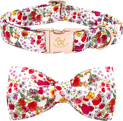 Elegant little tail Dog Collar, Pink Rose Print Pet Collar Summer Dog Collar Durable Metal Buckle Dog Collars Cotton Pet Adjustable Dog Collars for X-Small Dogs