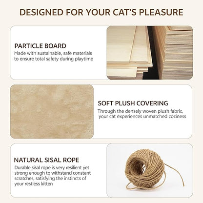 13-in-1 Cat Wall Shelves, Wall Mounted Cats Furniture Set with Plush Fabric, Cat Climbing Wall Systems, Cats Shelf with Moon Hammock, Condo, House, Step, Bridge Ladder, Scratching Post, Beige