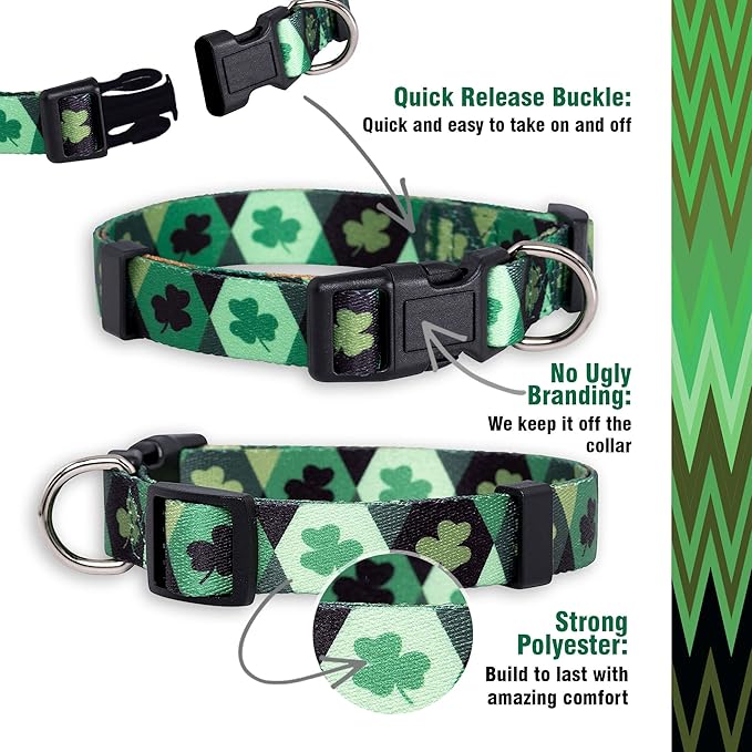 Native Pup St Patricks Dog Collar- Saint Patrick Green Shamrock Pet Collars- St. Patrick’s Lucky Irish- Cute Boy Girl Puppy Gift- Adjustable for Small, Medium, Large Breeds (Argyle, Small)