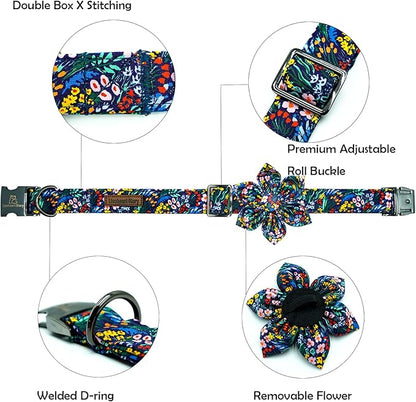 Lionheart glory Dog Collar Darkblue Flower Dog Bow Collars Floral Dog Collar with Flower Male or Female Spring Fall Pet Gift Durable Adjustable Dog Collar for Large Dogs