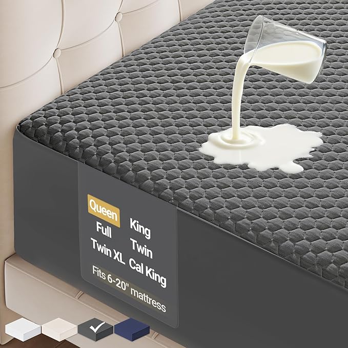 OhGeni 100% Waterproof Mattress Protector, Queen-Gray Size Mattress Pad, Fits 6"-20" Mattresses with Deep Pocket, Cooling, Breathable Fitted Sheets, Soft Bed Cover, Noiseless, Machine Washable