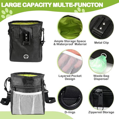 JIURUN Dog Treat Pouch for Pet Training - Dog Treat Bag (Black) - Dog Training Kit, Dog Clicker for Training, Silicone Treat Bag, 2-in-1 Whistle Clicker, Collapsible Dog Bowl, 2 Dog Poop Bag