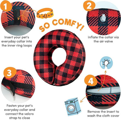 BENCMATE Inflatable Dog Cone Collar Alternative, Soft Dog Cone for Small Medium Large Dogs and Cats, Neck Recovery ECollar Donut Collar After Surgery (Small, Plaid)