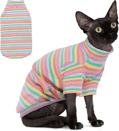 PUMYPOREITY Soft Hairless Cats Clothes - Rainbow Stretchy Cat Sweater, Pullover Jumpsuit, Turtleneck Outfit for Sphynx, Cornish Rex, Devon Rex, XS