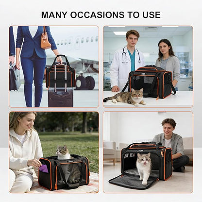 TSA Approved Expandable Cat Carrier with Top and Side, 16x11x11 Soft-Sided Pet Carrier for Small Cats and Dogs, Foldable Travel Carrier with Anti-Scratch Mesh and Safety Belt, Black