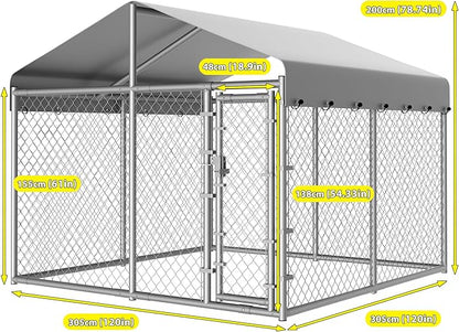 10 x 10 x 6 ft Outside Dog Kennel Outdoor Large with Roof, Enclosure with Roof, Outdoor Heavy Duty Dog Run Pens House Pet Playpen with Galvanized Chain Link