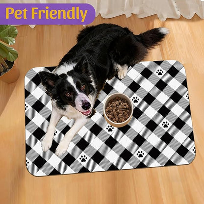 Cat Checked Plaid Dog Cat Food Mat, Absorbent Feeding Mat with Fast-Dry Surface, Rubber Backing for Messy Drinkers – 16x24 Inch