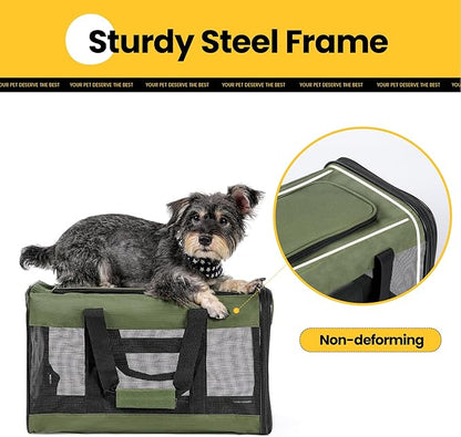 Dog Carrier Soft Sided, Large Cat Carrier with Inner Safety Leash, Pet Transport Carrier for Large Cats and Medium Dogs up to 20 Lbs, Collapsible Travel Puppy Carrier Bag -Green L