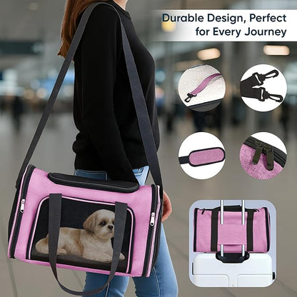 Pet Travel Carrier Bag – Airline Approved Soft-Sided Dog & Cat Carrier, Foldable, Breathable Mesh, Washable Pad – Fits Pets up to 15 lbs – The Pup Quartet (Pink)