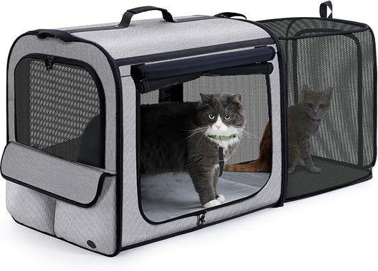Pecute Dog Car Carrier Stable and Light Weight, Expandable Extra Space Dog Carrier for Cars, Breathable Dog Car Crate, Foldable Pet Carrier for Both Indoor and Outdoor Use, Pet Travel Crate Gray