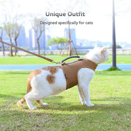 Cat Harness and Leash for Walking Escape Proof Breathable Mesh Fabric, Solid Brown, XX-Large, Adjustable Cat Walking Jackets with Handle, Padded Stylish Cat Vest