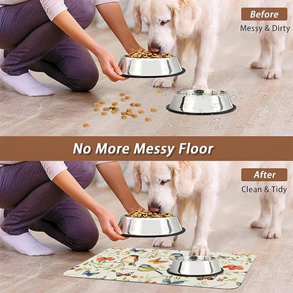 Butterfly Bird Dog Food Mat for Floors,Vintage Nature Absorbent Pet Food and Water Bowl Mats,Non-Slip Pet Feeding Mat,Pet Supplies 12" x 20"