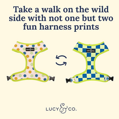 Lucy & Co. Lime Green with Blue Checker Smiley Faces, Cute Reversible Dog Harness Walking Halter - Best Designer Pet Harnesses for XS - XL Dogs - Padded Adjustable Vest for Easy Walking (Large)
