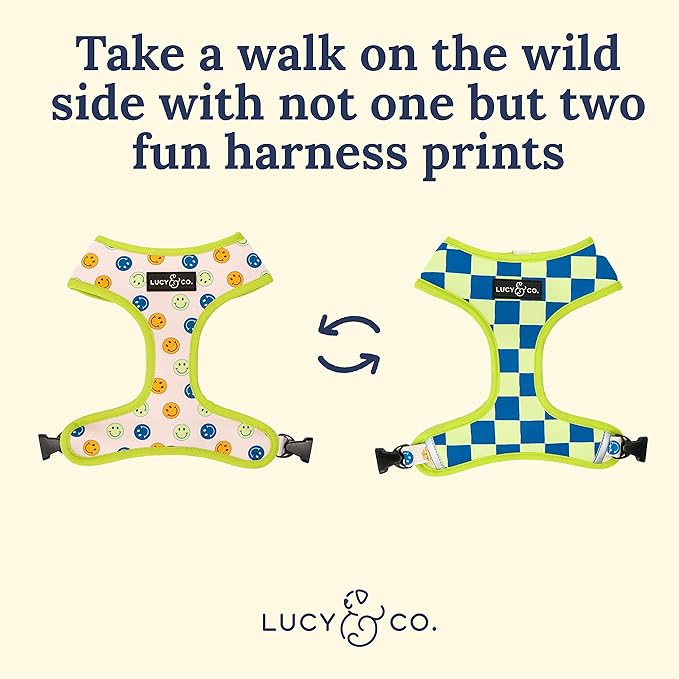 Lucy & Co. Lime Green with Blue Checker Smiley Faces, Cute Reversible Dog Harness Walking Halter - Best Designer Pet Harnesses for XS - XL Dogs - Padded Adjustable Vest for Easy Walking (X-Small)