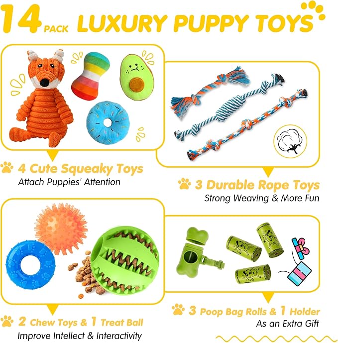 Zeaxuie 14 Pack Puppy Toys for Teething Small Dogs, Puppy Chew Toys with Cute Squeaky Dog Toys, Ball and More Rope Dog Chew Toys