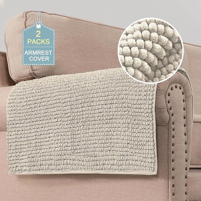 H.VERSAILTEX Plush Chenille Couch Armrest Cover 2 Packs Thick and Soft Sofa Covers Furniture Protector Cover for Pets (27.5" x 27.5", Island Fossi)