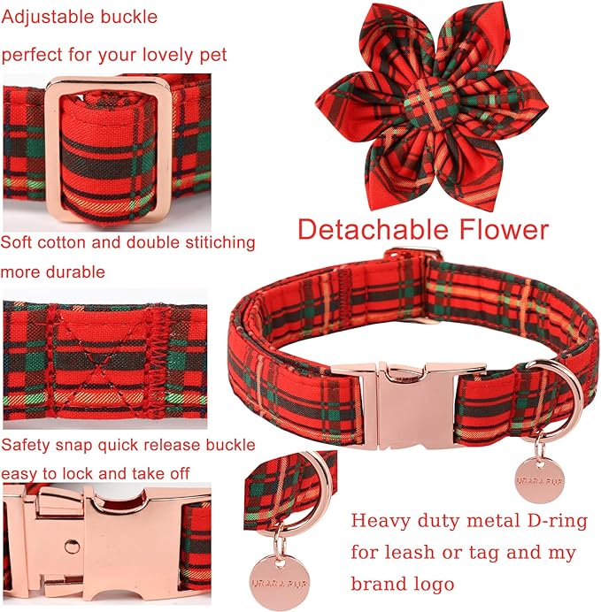 Christmas Dog Collar with Flower, Cotton Christmas Plaid Collar for Medium Girl Boy Dog,Red &Green Plaid Dog Collar Bowtie with Durable Metal Buckle,Adorable Pet Collar,L,Neck 16-24in