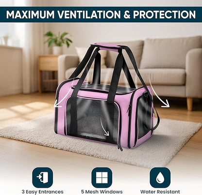 Pet Travel Carrier Bag – Airline Approved Soft-Sided Dog & Cat Carrier, Foldable, Breathable Mesh, Washable Pad – Fits Pets up to 15 lbs – The Pup Quartet (Pink)